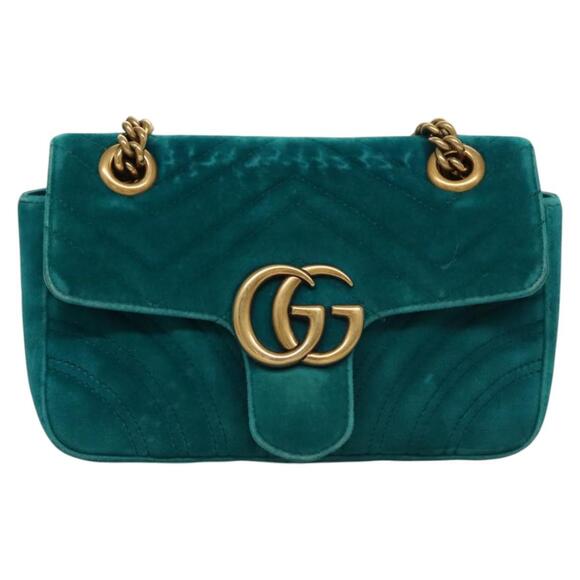 GUCCI GG Marmont Chain Shoulder Bag Velor Turquoise Blue Gold - Picture 2 of 16